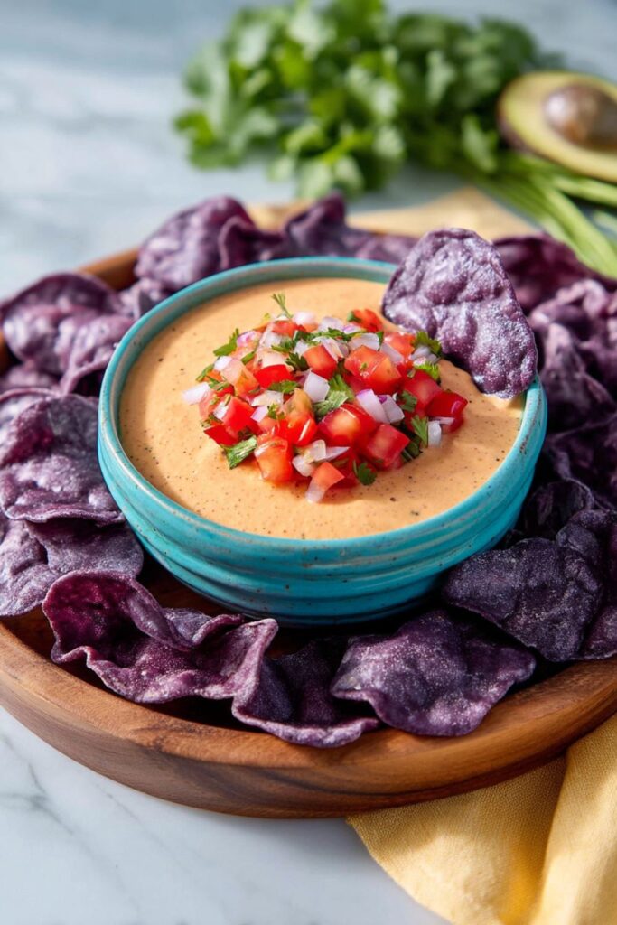 Smooth taco-seasoned dip in a blue bowl with purple chips, a trendy Mexican menu party dish.