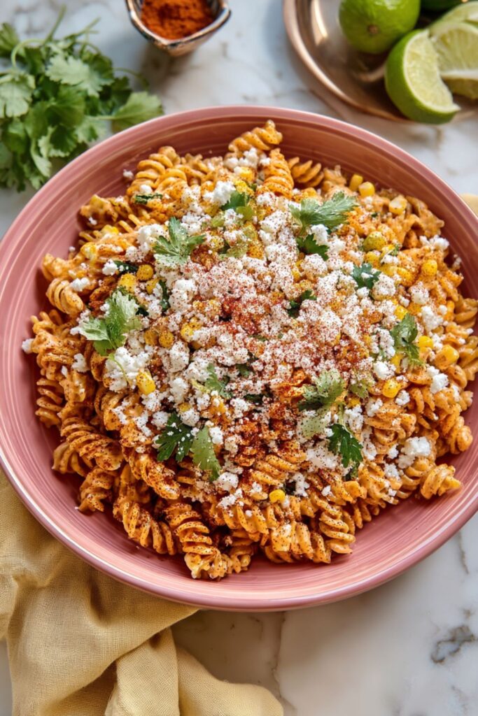 A bowl of creamy Mexican street corn pasta salad, a popular choice for Mexican menu party