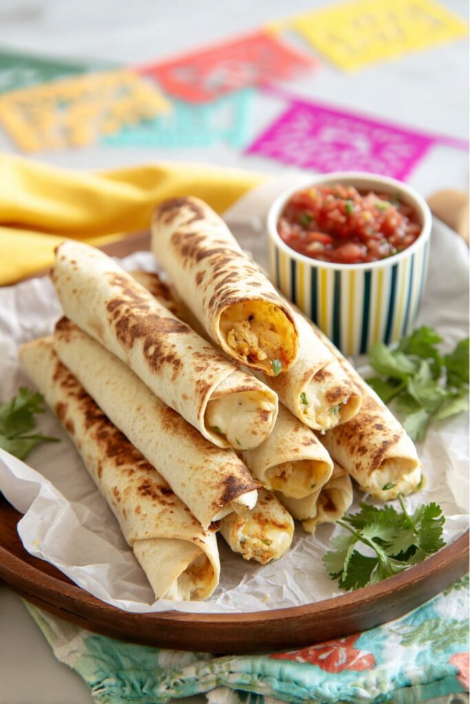 Crispy chicken taquitos with salsa dip, tasty Appetizers For Kids at a festive table.