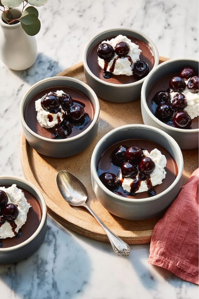 Dark chocolate pots de crème topped with whipped ricotta and cherries for Mother's Day treats.