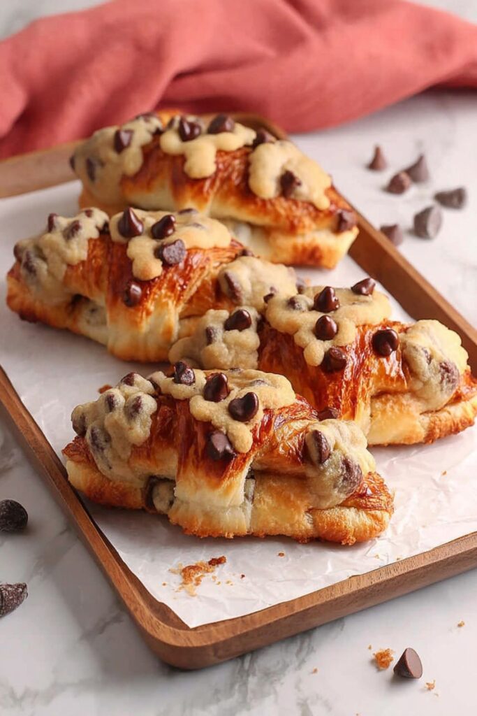 Flaky golden croissants topped with chocolate chip cookie dough for Mother's Day baked goods.