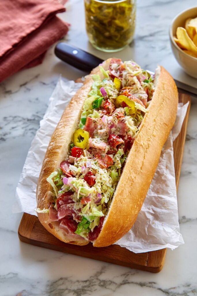 A loaded chopped Italian sub sandwich, perfect as Mother's Day food on a wooden board.