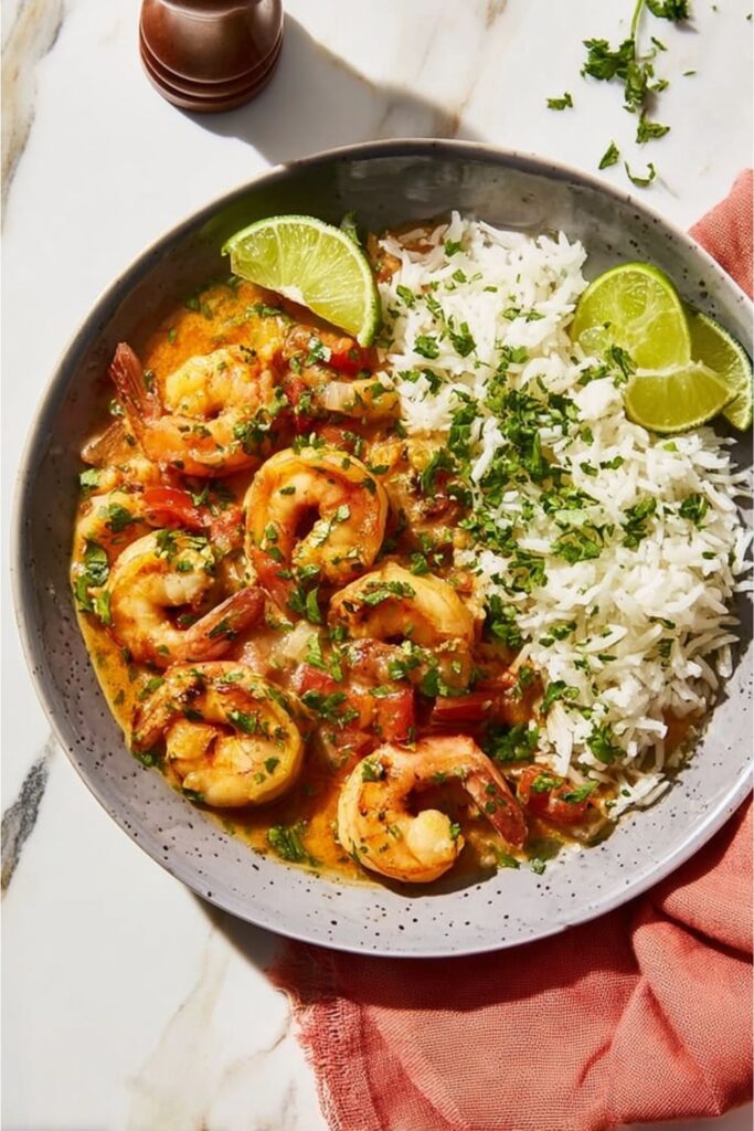 A bowl of creamy coconut lime shrimp served over white rice for Mother's Day lunch.