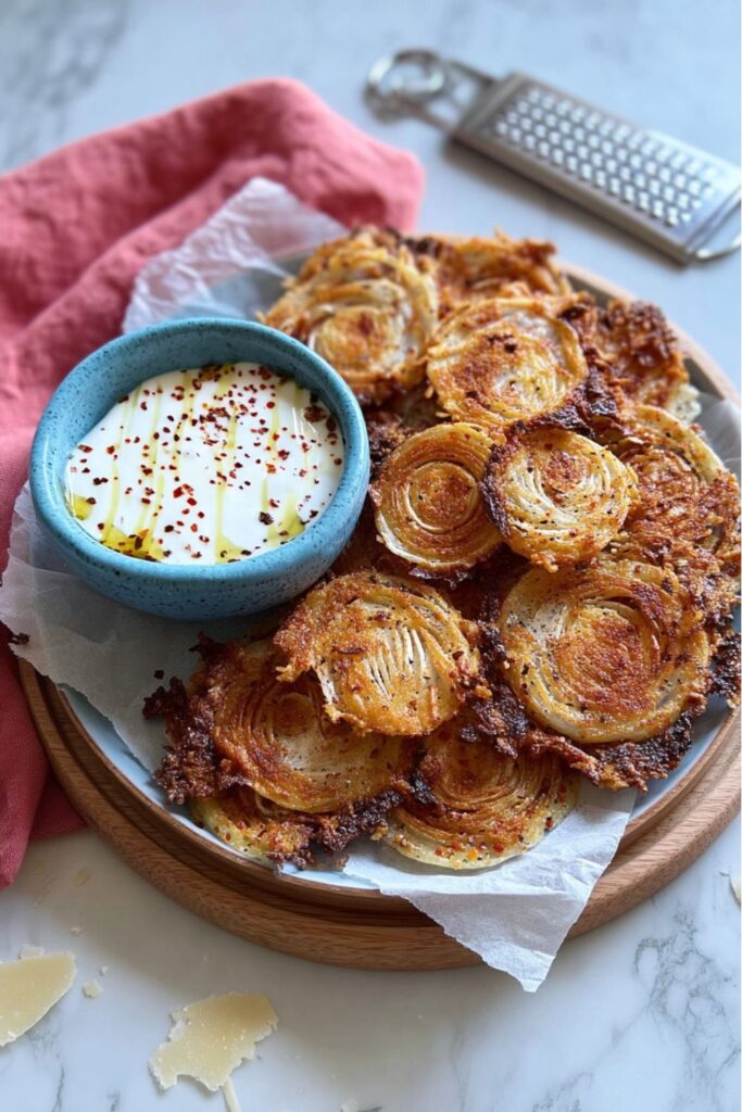 Crispy parmesan-crusted onion rings with dipping sauce, a unique choice for Mother's Day food.