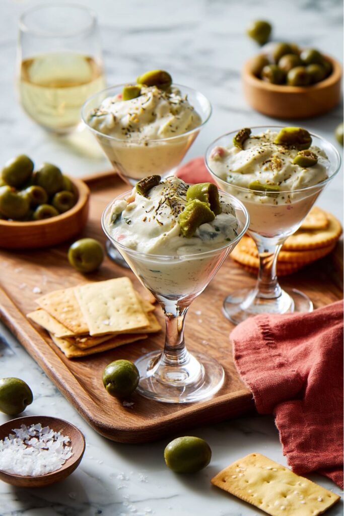 Creamy martini-inspired dip in glasses with olives, a unique choice for Mother's Day drinks.