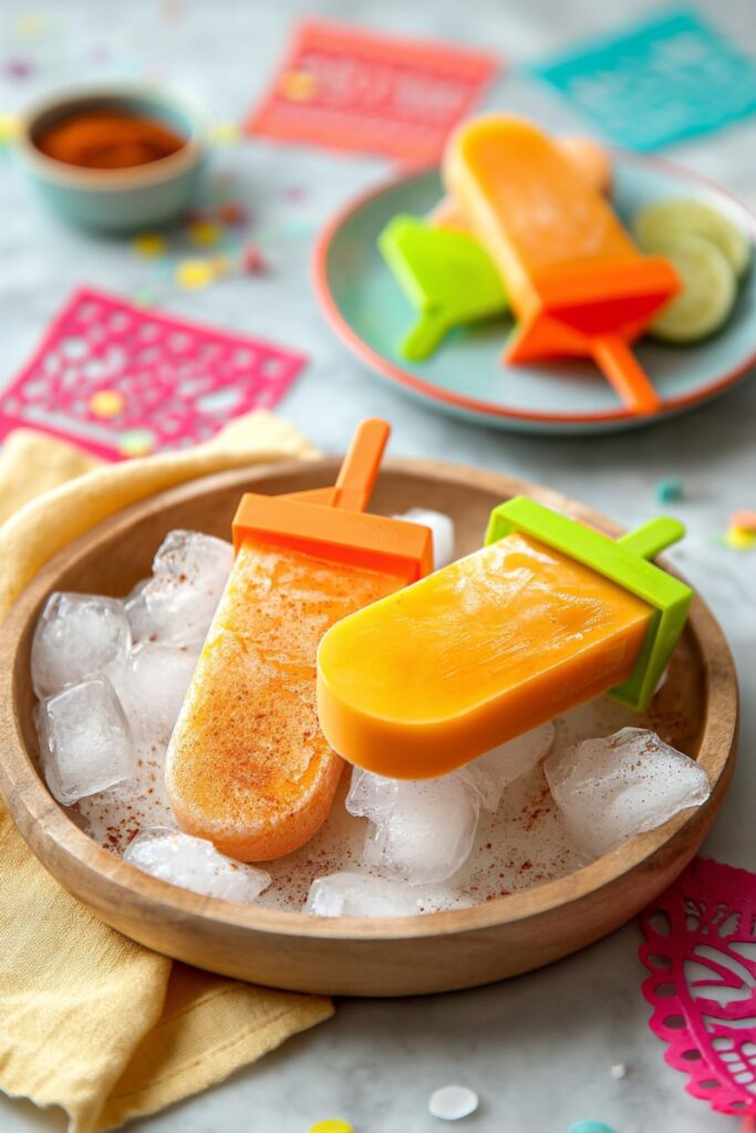 Mango chili popsicles on ice, refreshing Fiesta Party Food treat for kids.