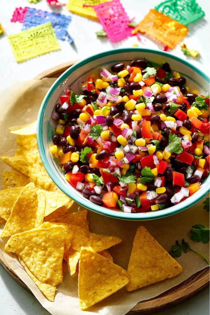 Colorful bean and corn salsa with chips, bright Fiesta Party Snacks for kids.