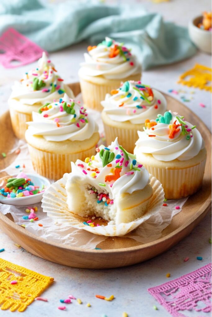 Vanilla sprinkle cupcakes with frosting, festive Fiesta Party Snacks kids love.