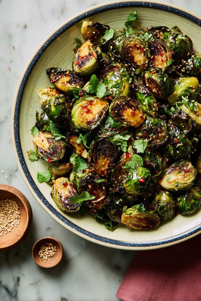 Crispy charred Brussels sprouts with sriracha glaze in a bowl for a Mother's Day meal.