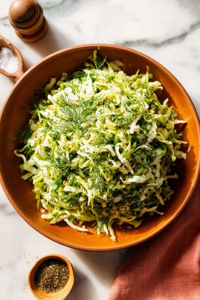 A bowl of fresh shredded cabbage salad with green herbs for Mother's Day brunch.