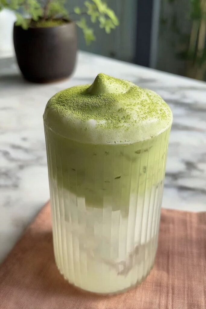 Layered green matcha foam over clear coconut water in a glass for Mother's Day drinks.