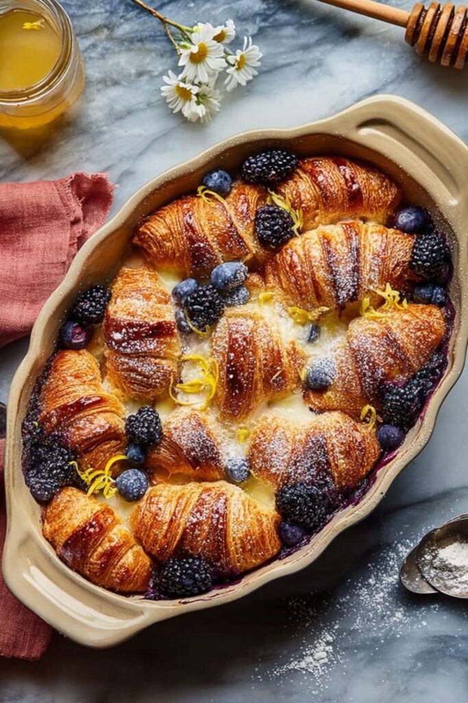A golden croissant casserole with blueberries and blackberries, perfect for a Mother's Day brunch.