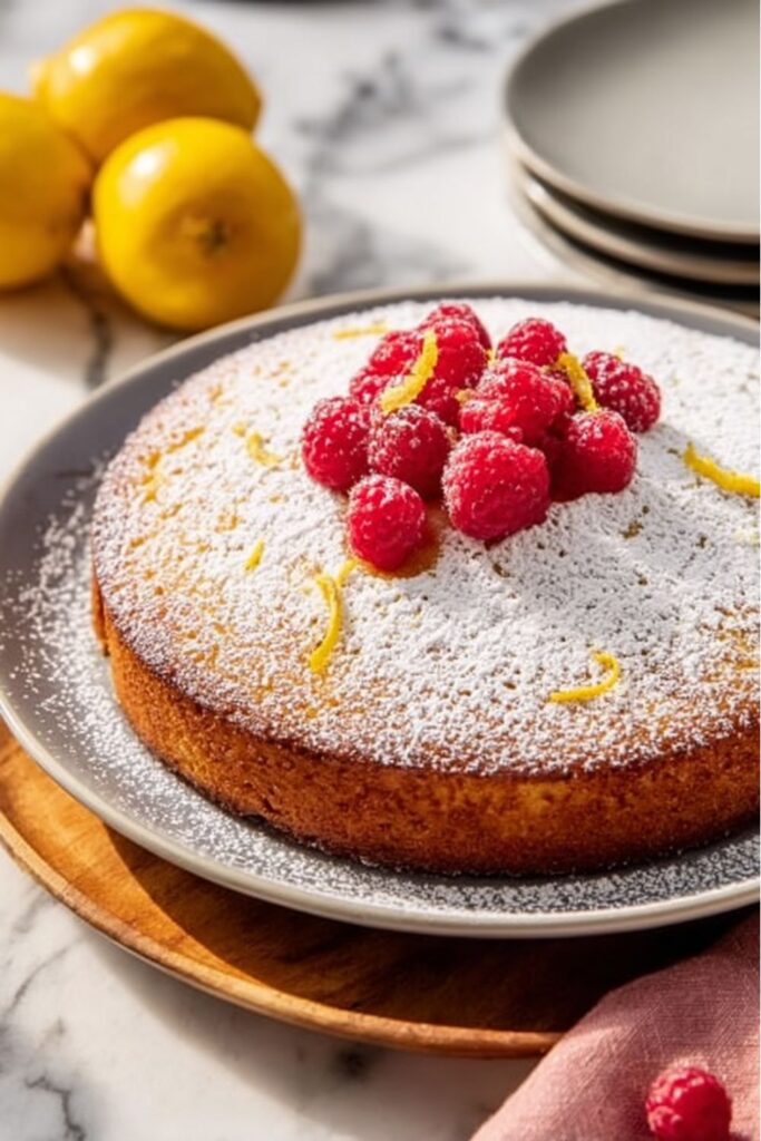 A powdered lemon yogurt cake topped with raspberries, perfect for a Mother's Day breakfast.