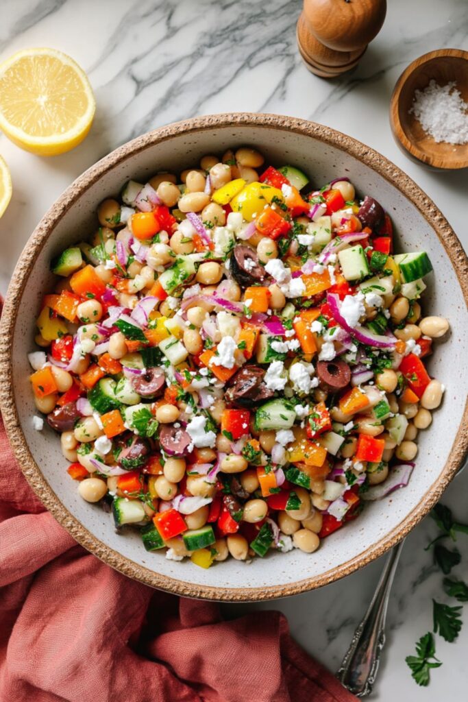 A colorful bowl of Mediterranean bean salad, a great choice for Mother's Day brunch.