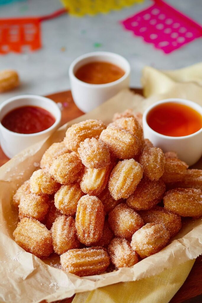 Cinnamon sugar churro bites with dipping sauces, sweet Mexican Finger Foods for kids.