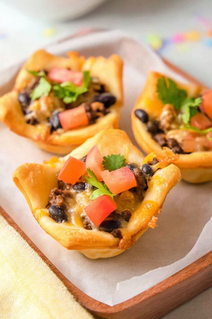 Mini taco crescent cups with beef, beans, cheese—perfect Fiesta Party Snacks for kids.