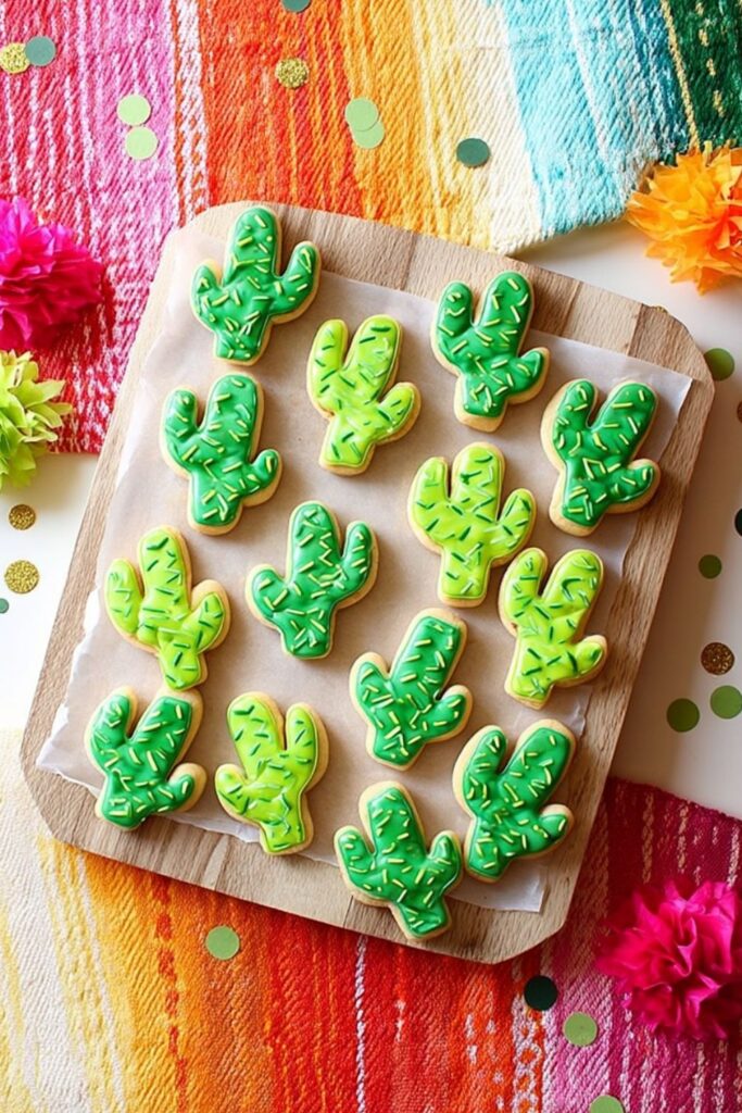 Green cactus sugar cookies with icing, cute Mexican Theme Party Food Ideas for kids.