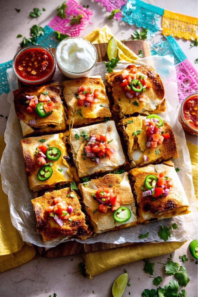 Golden sheet pan quesadilla squares with toppings, perfect Mexican Theme Party Food Ideas for kids.