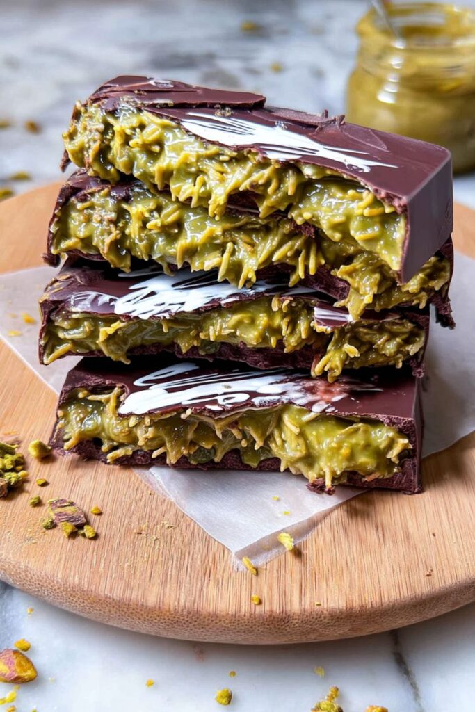 Dark chocolate bars filled with green pistachio and kataifi for a Mother's Day meal.