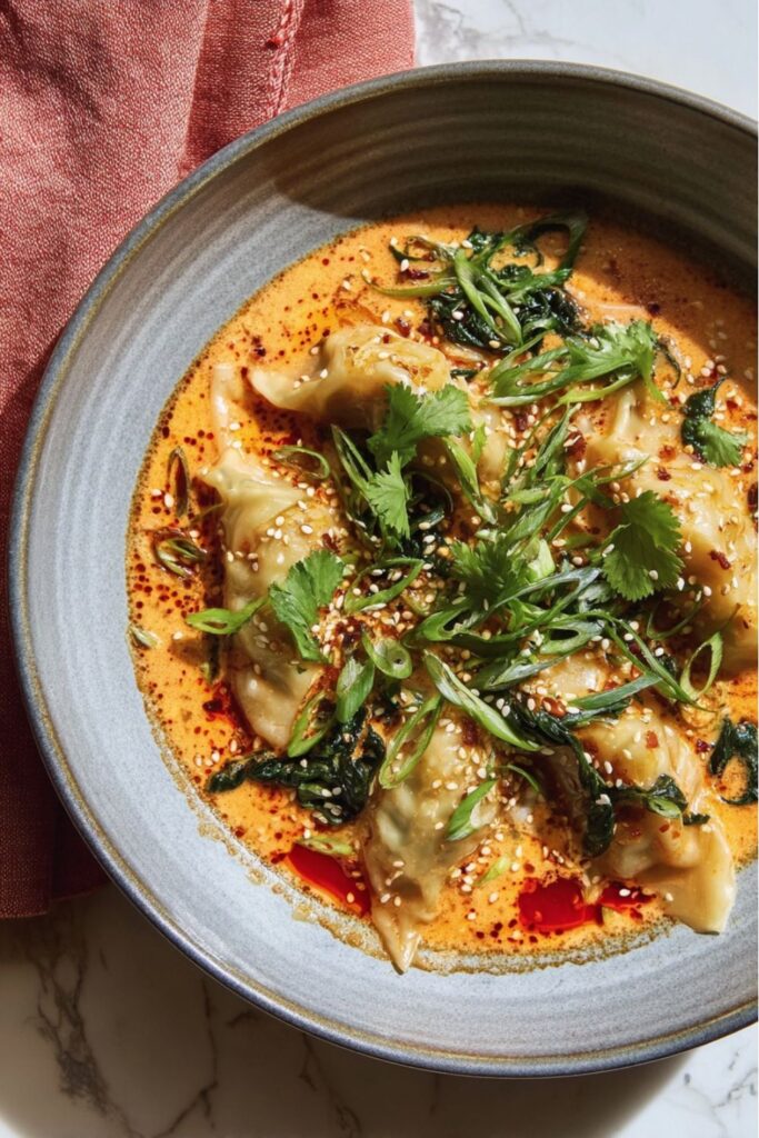 Steaming dumplings in a red curry coconut broth, a delicious choice for Mother's Day treats.