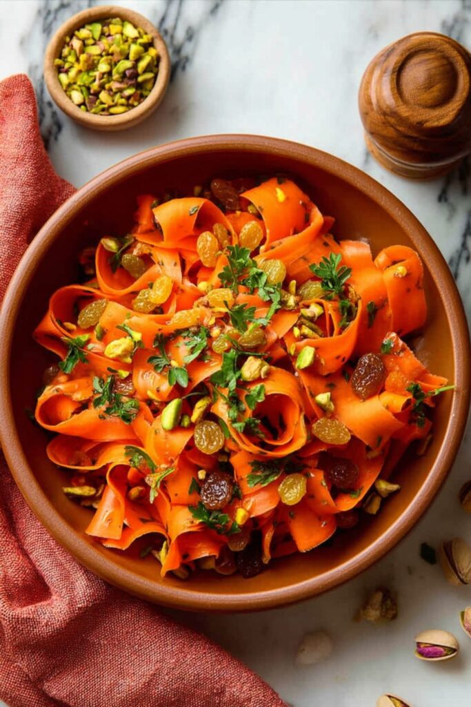A vibrant bowl of ribboned carrot salad with pistachios for Mother's Day brunch.