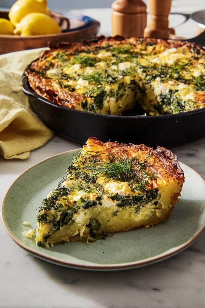 A slice of spinach and feta quiche with a potato crust for Mother's Day food.