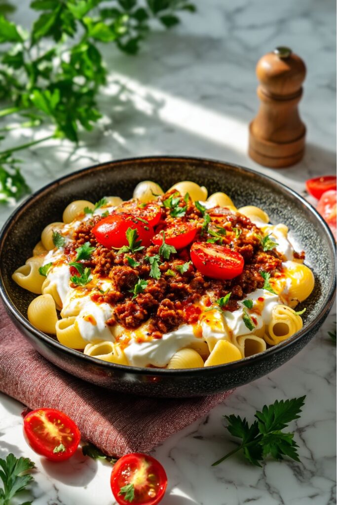 Shell pasta with meat sauce and yogurt, a unique addition to Mother's Day brunch.