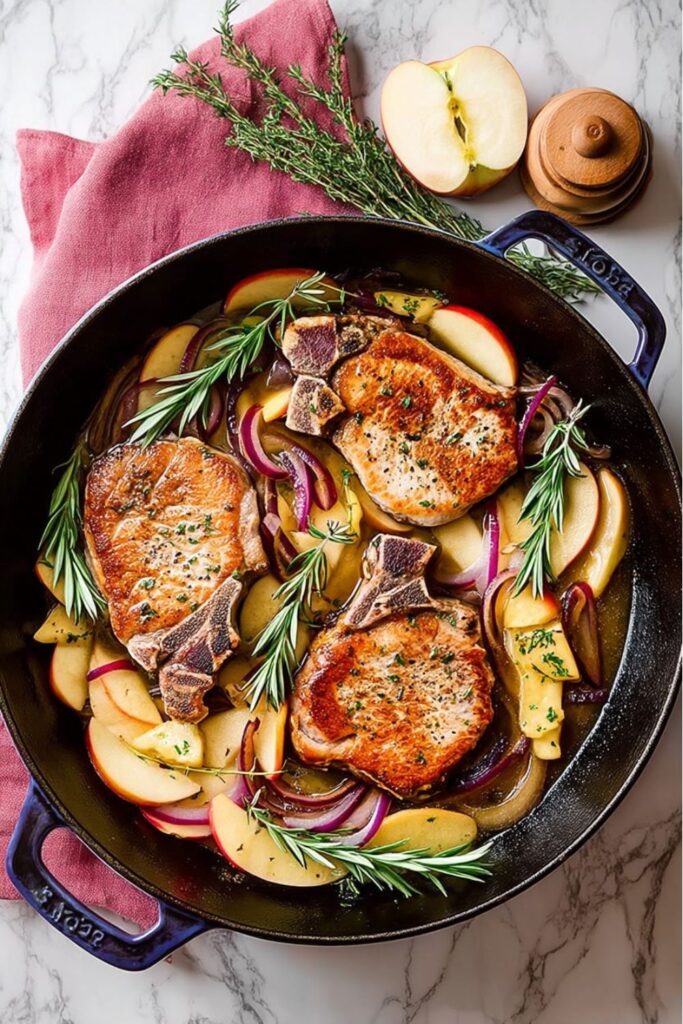 Seared bone-in pork chops with sliced apples and red onions for a Mother's Day meal.
