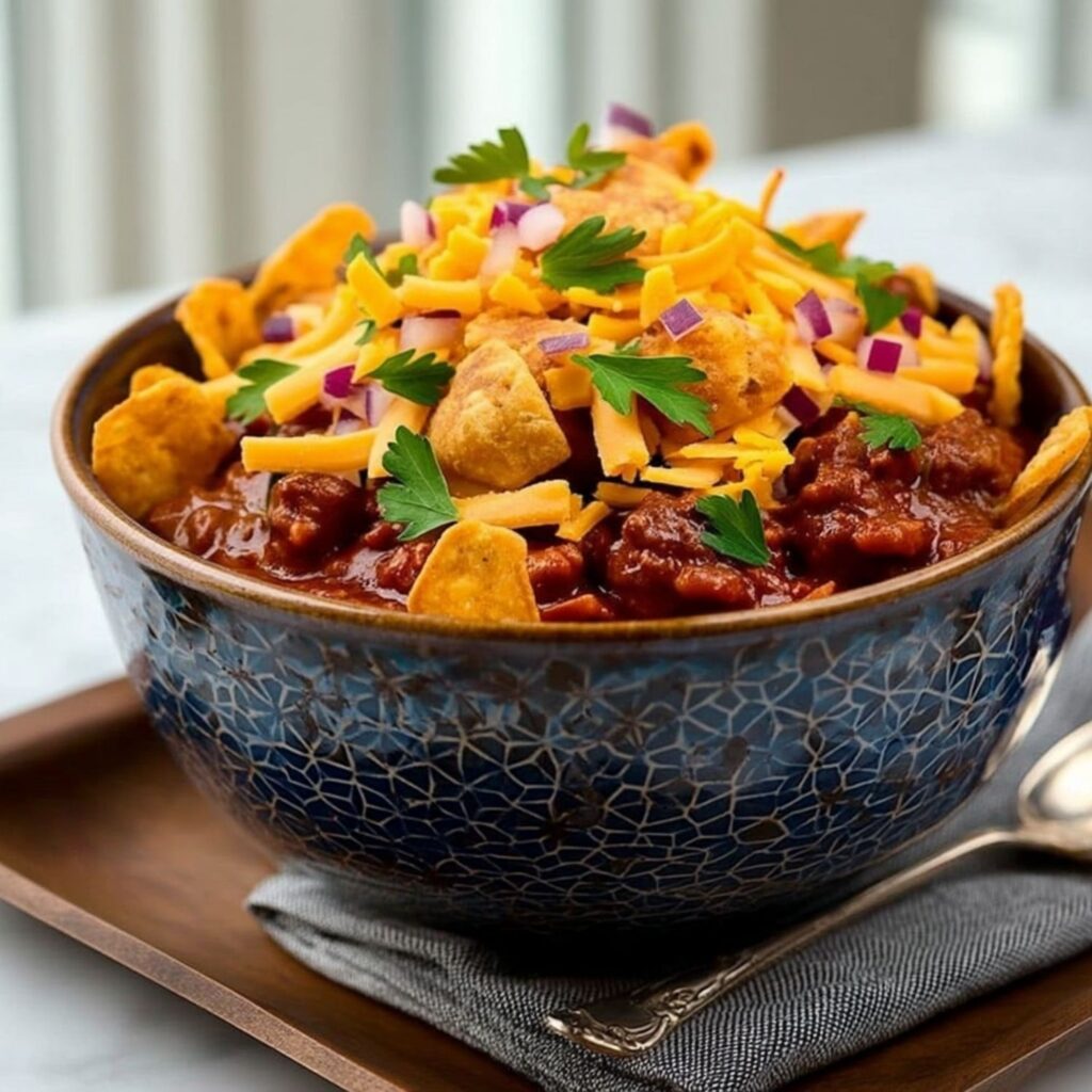 Hearty chili in a blue patterned bowl topped with cheese and corn chips on marble.