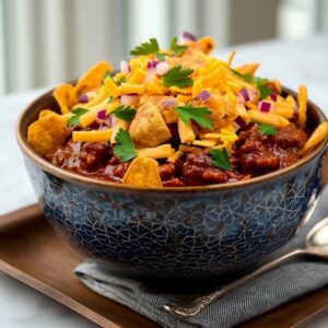 Hearty chili in a blue patterned bowl topped with cheese and corn chips on marble.