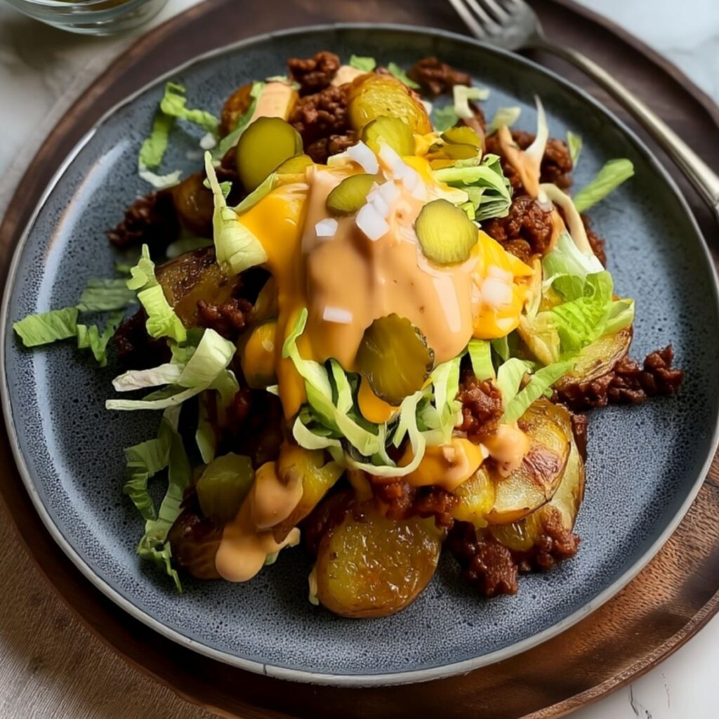 Crispy smashed potatoes topped with ground beef, cheese sauce, lettuce, and pickles on a dark plate.