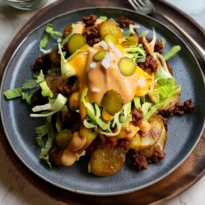Crispy smashed potatoes topped with ground beef, cheese sauce, lettuce, and pickles on a dark plate.