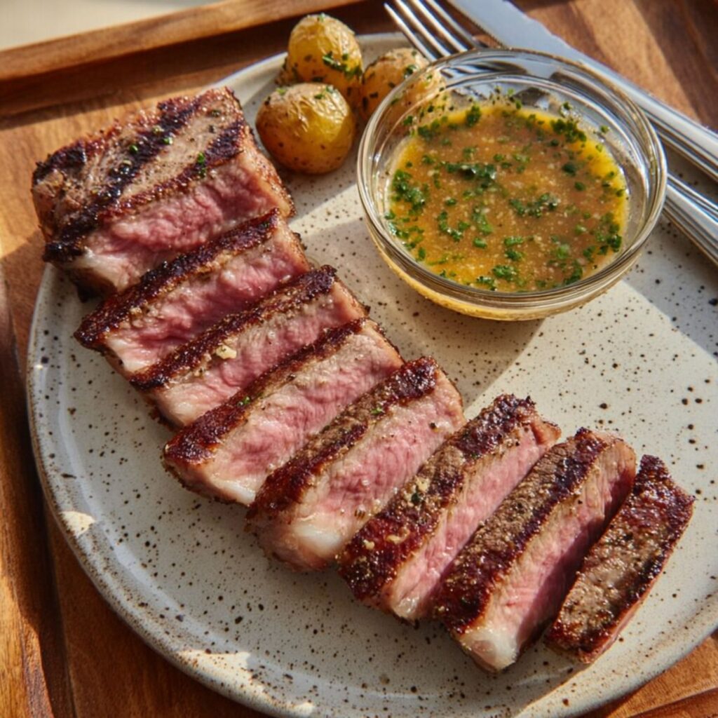 Sliced cowboy butter steak fanned on a speckled plate with roasted potatoes and herb sauce.