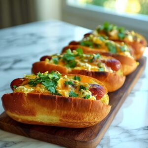 Four jalapeño popper hot dogs with melted cheddar and cilantro on a wooden board.