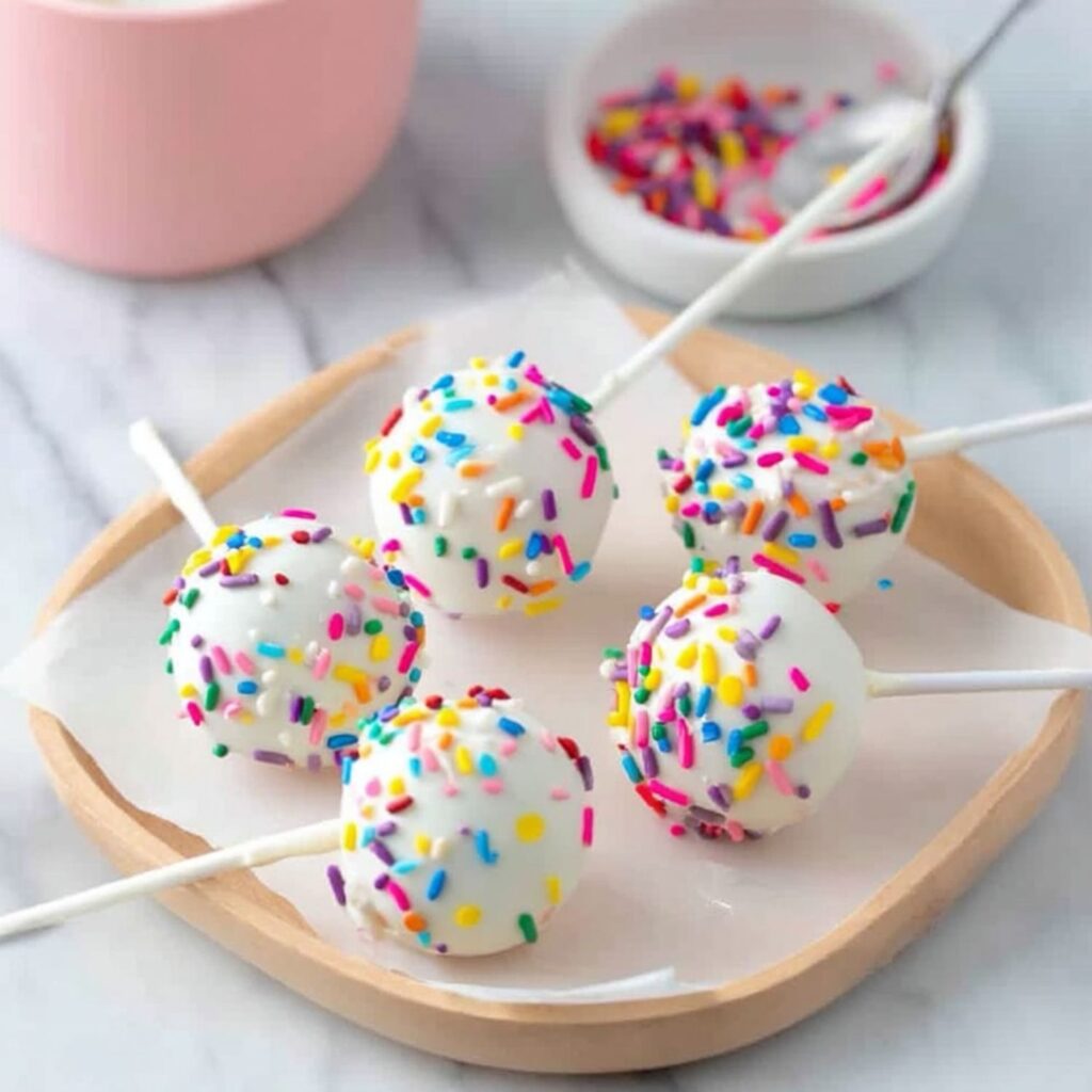 White chocolate cake pops with rainbow sprinkles on parchment-lined wooden tray with bowl of sprinkles.