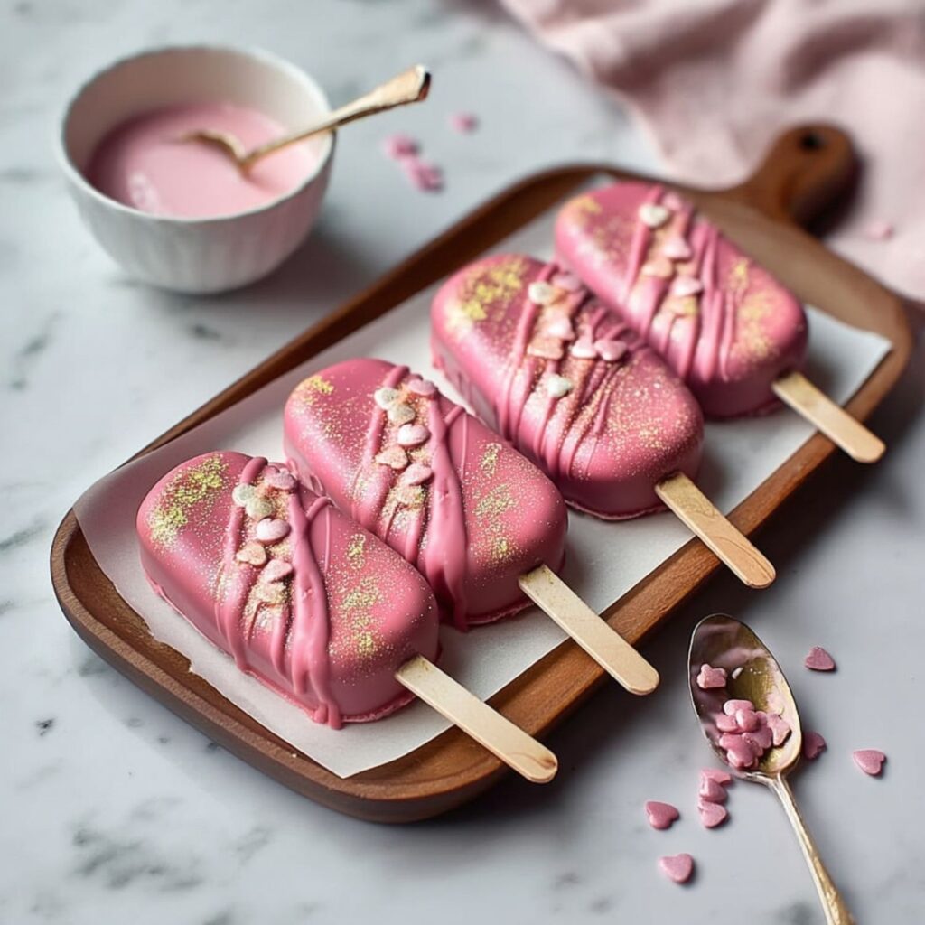 Four pink chocolate cakesicles with sprinkles on wooden tray, festive Cinco de Mayo desserts.