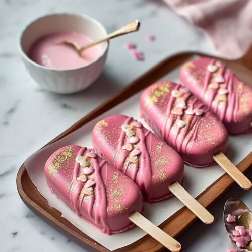 Four pink chocolate cakesicles with sprinkles on wooden tray, festive Cinco de Mayo desserts.