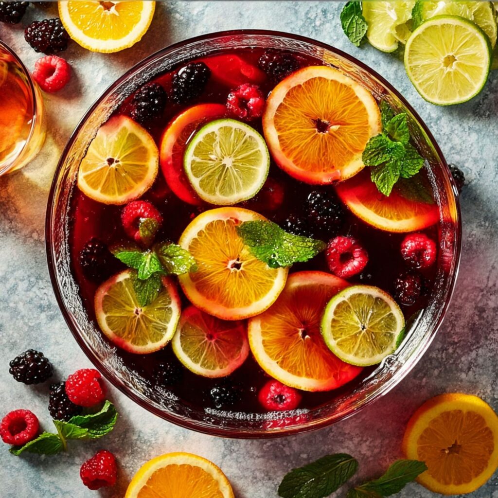 Mother’s Day punch with citrus slices, berries, and mint in a glass bowl.