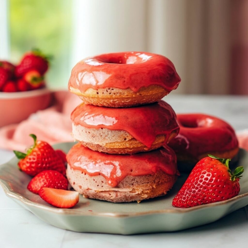 Strawberry glazed donuts stacked on ceramic plate with fresh strawberries on marble countertop.