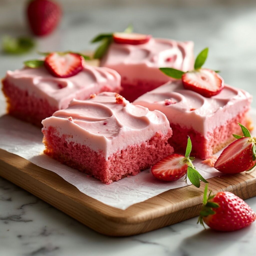 Strawberry sheet cake squares with pink frosting and fresh strawberry slices on wooden board.