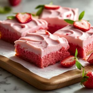Strawberry sheet cake squares with pink frosting and fresh strawberry slices on wooden board.