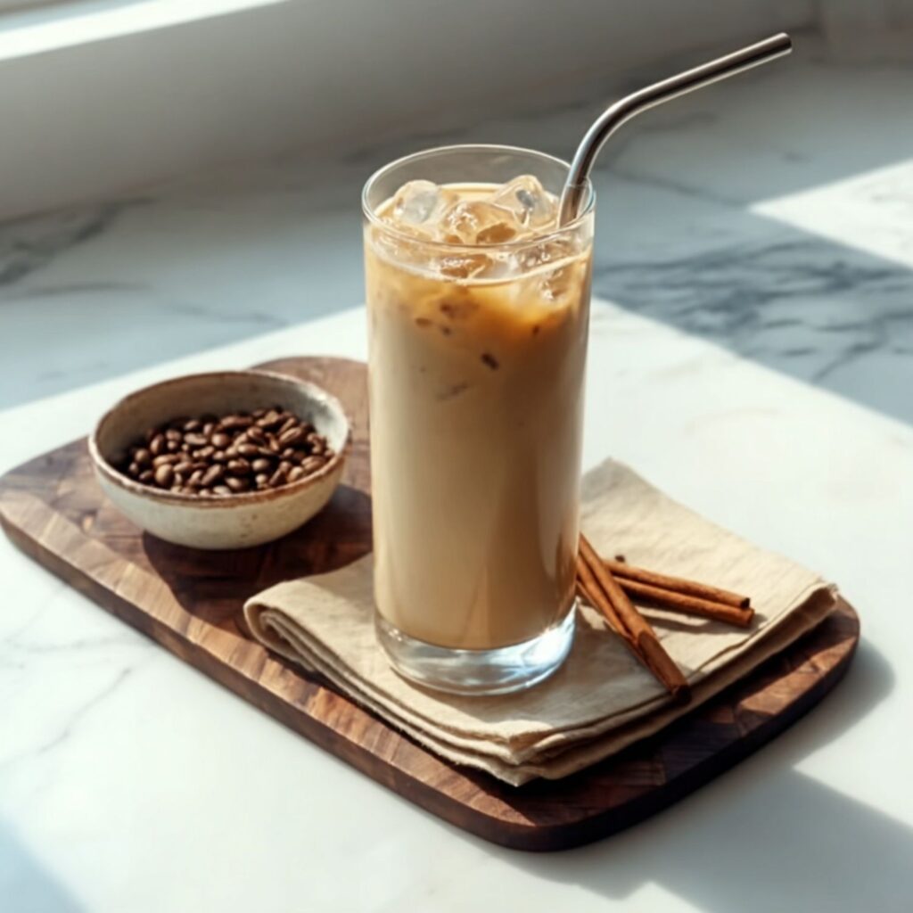 Iced coffee yogurt mixture in a tall glass with a straw on a wooden tray.