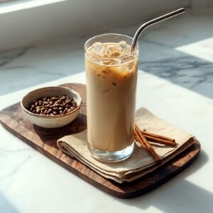 Iced coffee yogurt mixture in a tall glass with a straw on a wooden tray.