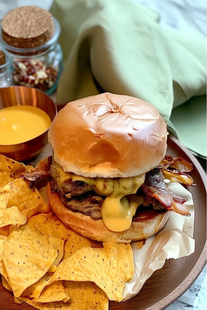 said A bacon and cheddar smash burger with chips on a wooden tray over marble.
