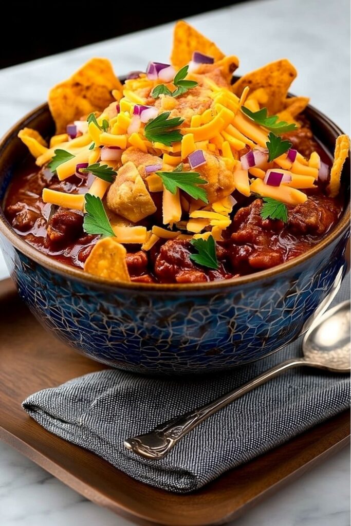 A blue patterned bowl of thick beef chili topped with cheese and corn chips.
