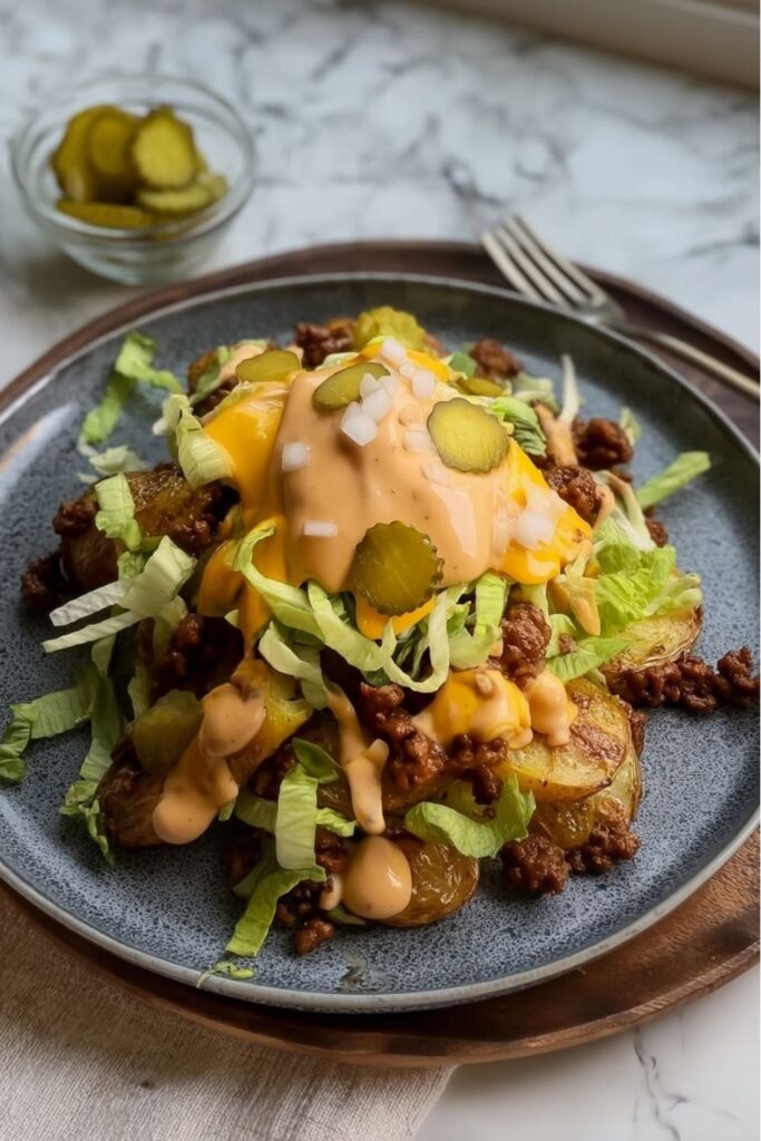 Smashed potatoes topped with ground beef, cheese sauce, lettuce, and pickles on a dark plate.