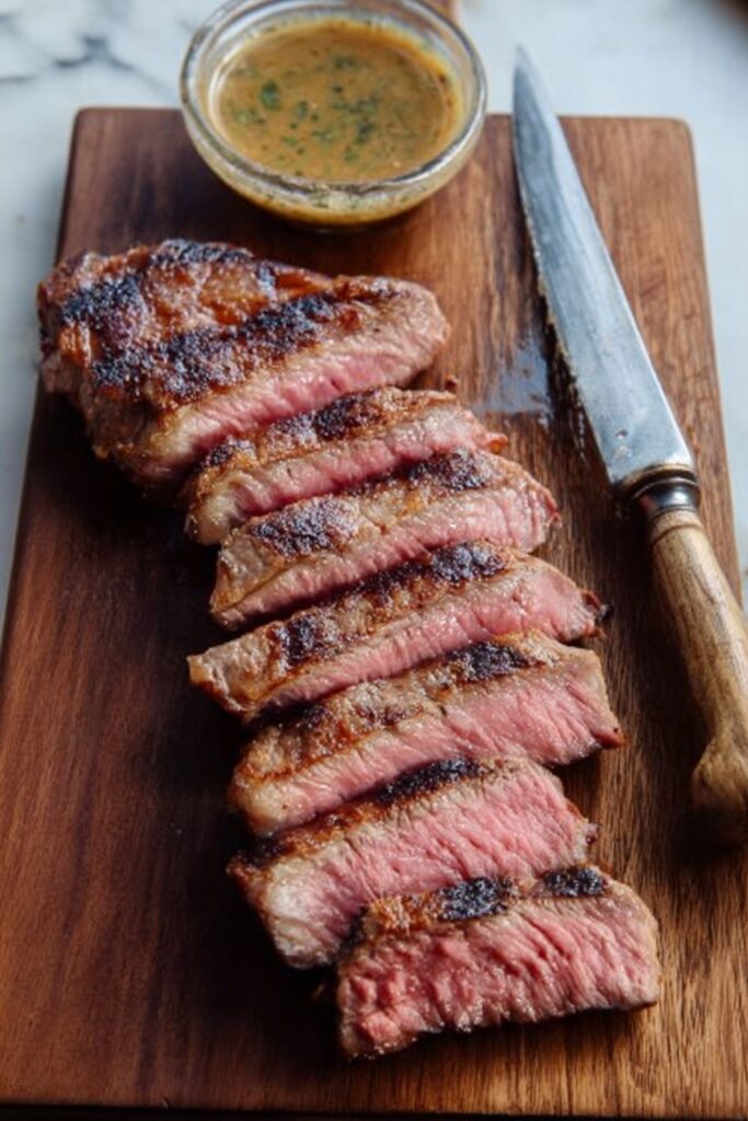 Sliced cowboy butter steak fanned on a wooden board with a knife and sauce.