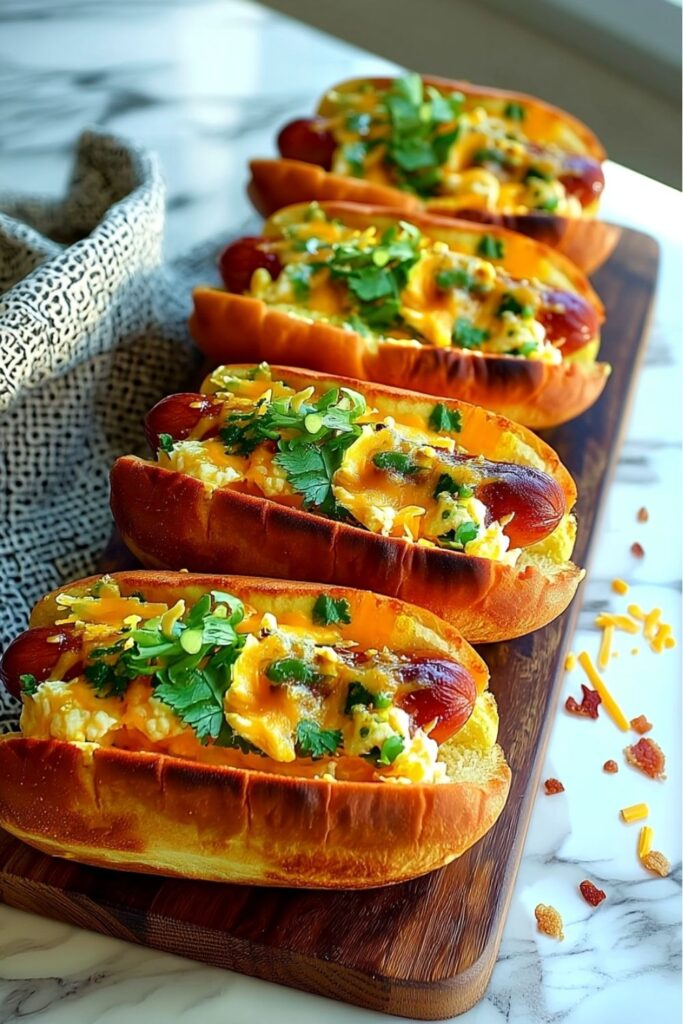 Vertical view of four loaded jalapeño popper hot dogs with melted cheddar and fresh cilantro.