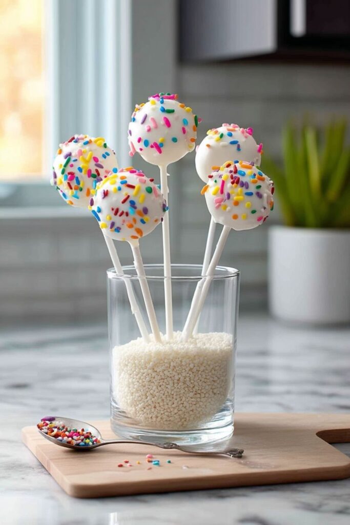 White chocolate cake pops with rainbow sprinkles standing in rice-filled glass cup on marble countertop.