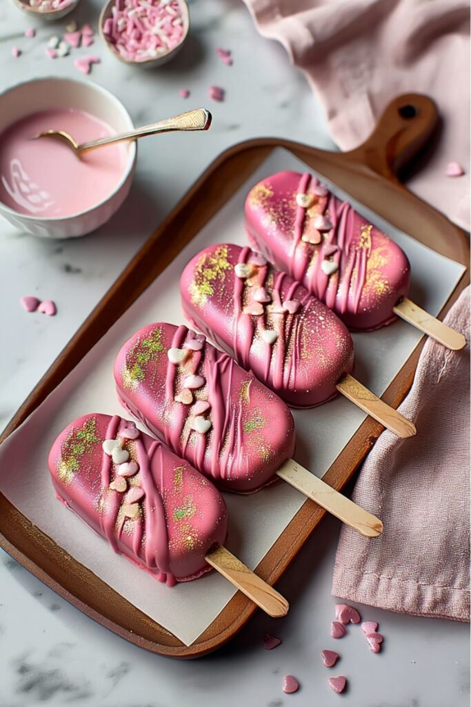Four pink chocolate cakesicles with heart sprinkles on wooden tray, festive Cinco de Mayo desserts.